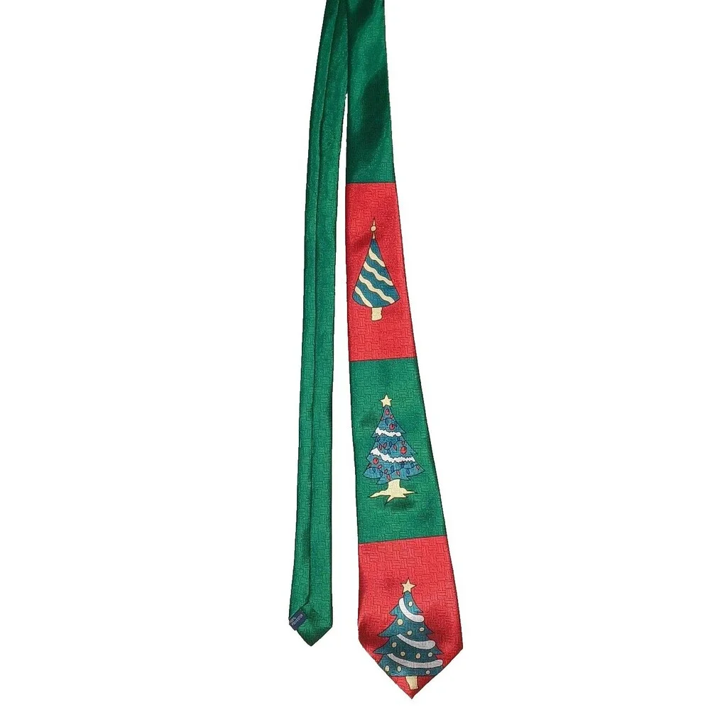 Keith Daniels Christmas Tie Mens Green Red Shiny Christmas Trees Holiday Silk